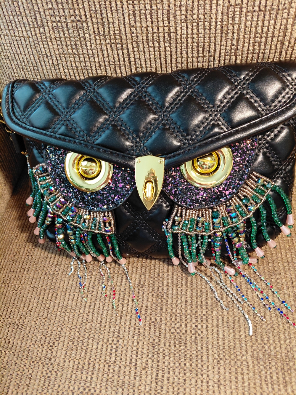 Black Quilted Beaded Owl-Accent Crossbody Bag